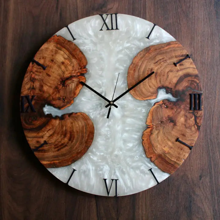 Abstract wall watch in white and wood epoxy resin