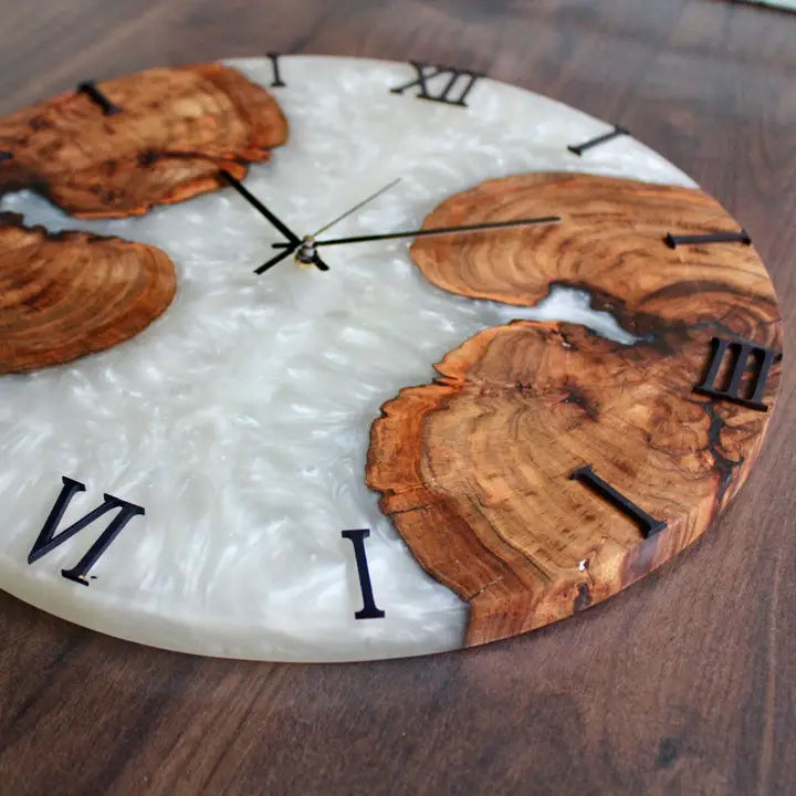 Abstract wall watch in white and wood epoxy resin