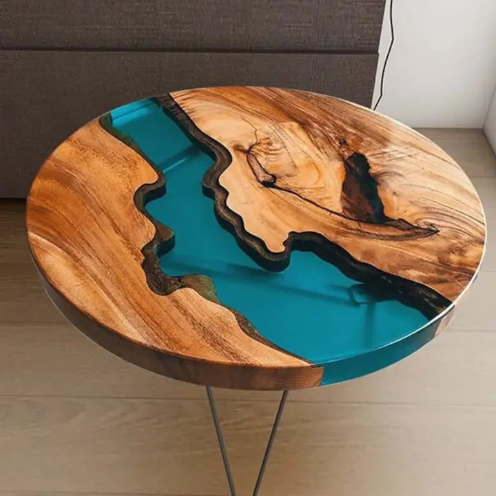 Coffee table in blue epoxy resin and wood