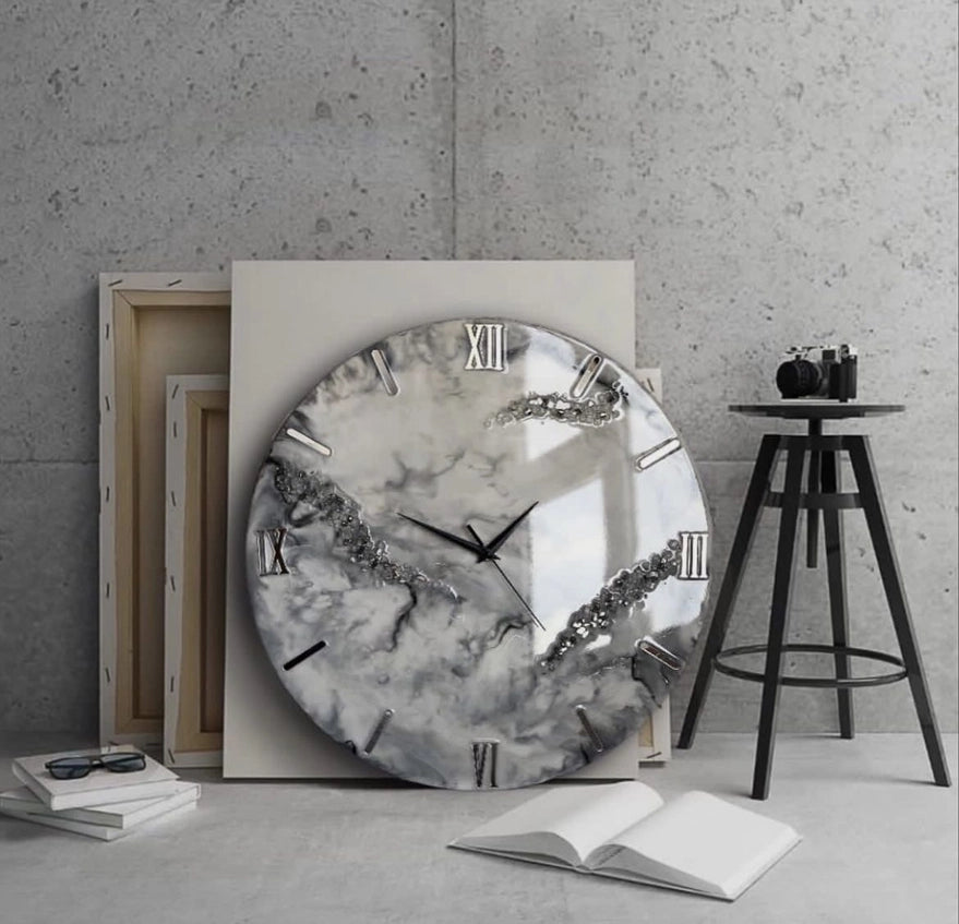 Abstract wall watch in black and white epoxy resin