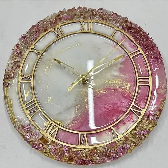 Orologio da parete in resina epossidica astratta rosa e dorata